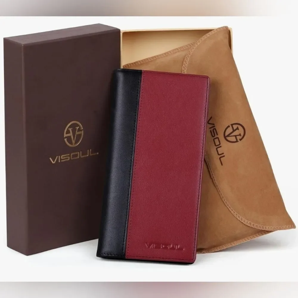🩵⏭️NIB Black & Burgundy Italian Leather RFID Blocking Long Bi-Fold Wallet